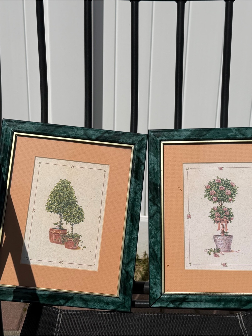 Set of 2 Vintage Botanical Topiary Prints in Green Marble Frames